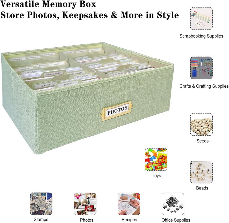 Sprsthai Linen Photo Storage Box – Holds 1700 Photos, 24 Adjustable Dividers & 72 Labels Multi-Use Organizer for Photos, Envelopes, Recipes Beige - Image 3